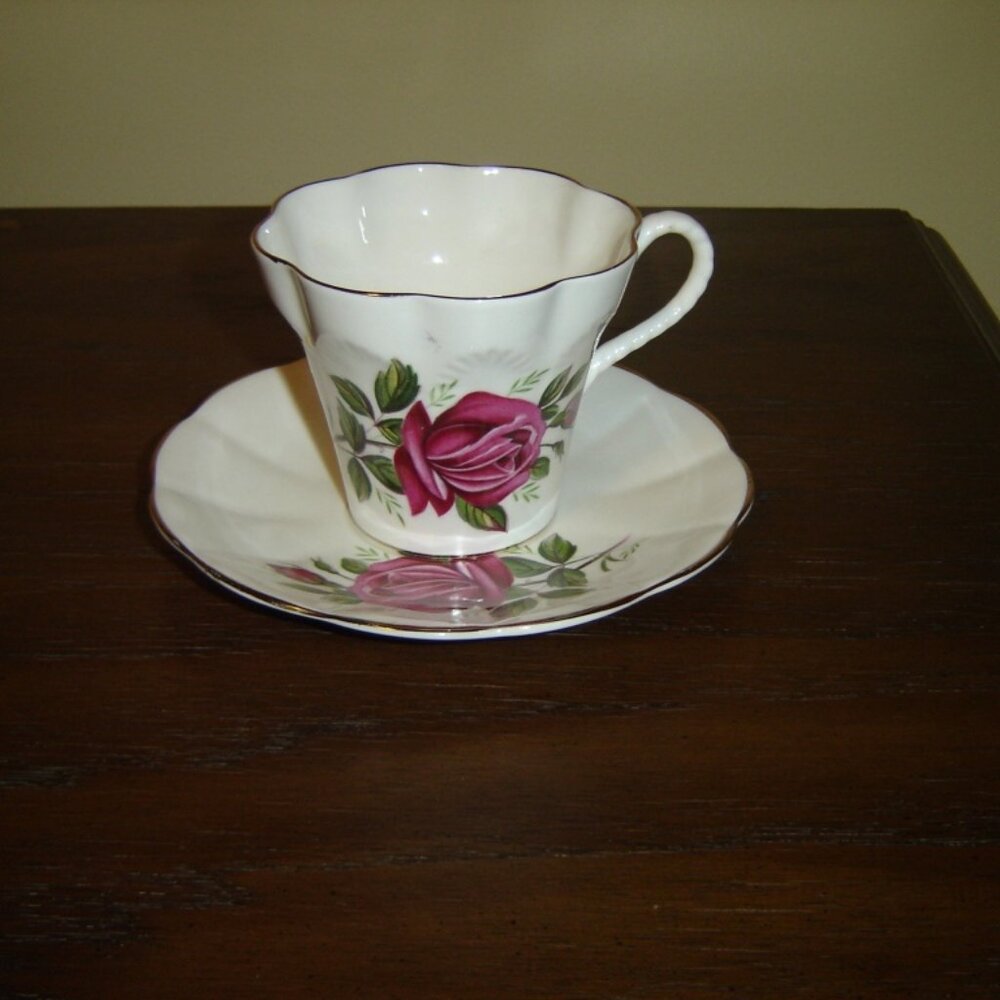 Rosina 2317 pink Rose embossed cup and saucer VGU